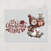 It's Christmastime Snowman Holding Gift and Mouse Postkarte (Vorderseite)
