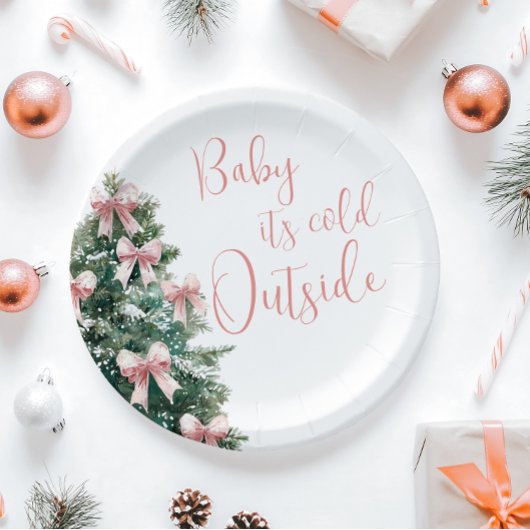 It's Cold Outside Winter Pink Bow Girl Baby Shower Pappteller
