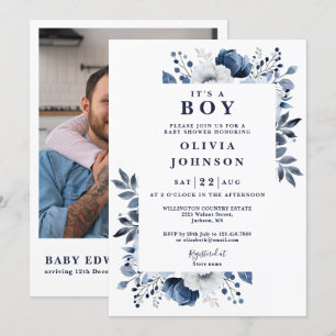 It's ein Junge Blau Floral Foto QR Baby Shower Einladung