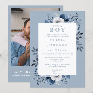 It's ein Junge Dusty Blue Blumeneinladung zum Baby Einladung
