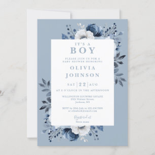 It's ein Junge Dusty Blue Elegante Florale Babypar Einladung