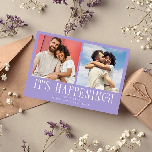 It's Happening 2-Photo Lilac Wedding Save The Date