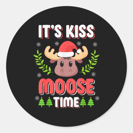 It's Kiss Moose Time Play On Words For Christmas Runder Aufkleber (Vorderseite)