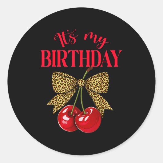 It's My Birthday Cute Cherry Leopard Coquette Bow  Runder Aufkleber (Vorderseite)