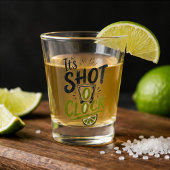 It's "Shot O'clock" typography fun shot glass. Schnapsglas