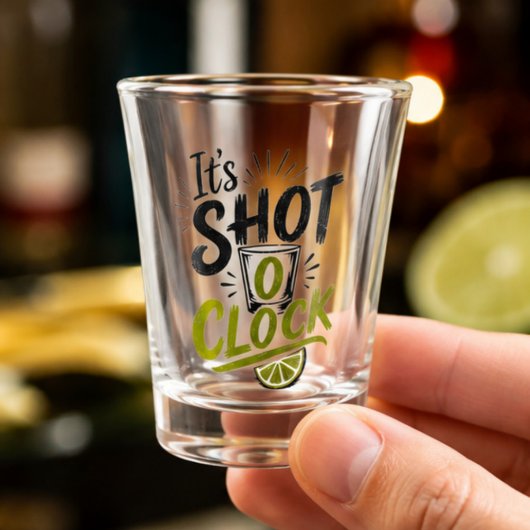 It's "Shot O'clock" typography fun shot glass. Schnapsglas