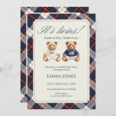 Its Twins Double Plaid teddy bear Baby Shower Einladung (Vorne/Hinten)