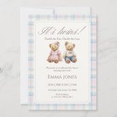 Its Twins Pastel Plaid Teddy Bear Baby Shower Einladung (Vorderseite)