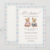 Its Twins Pastel Plaid Teddy Bear Baby Shower Einladung (Vorne/Hinten)