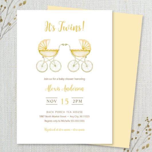 It's Twins with yellow Carriages Baby Shower Einladung