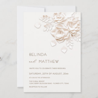 Ivory 3D Flowers Roses Minimalist Wedding  Invitat Einladung