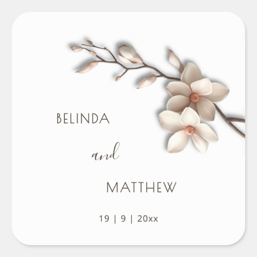 Ivory 3D Magnolia Flowers | Wedding Quadratischer Aufkleber (Vorderseite)