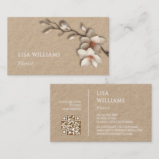 Ivory 3D Magnolia Rustic | QR Code Visitenkarte (Vorne/Hinten)