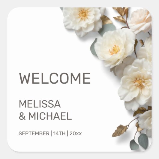 Ivory 3D Roses Wedding Welcome Quadratischer Aufkleber (Vorderseite)