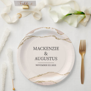 Ivory Agate & Gold Glitzer Braut und Groom Wedding Pappteller