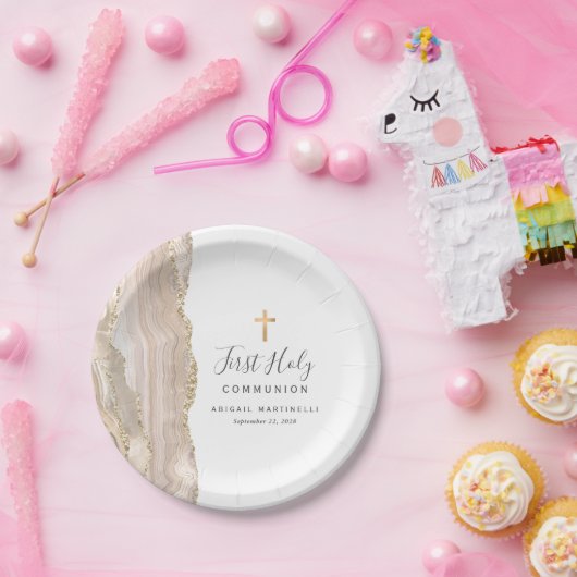 Ivory Agate Gold Glitzer Erste Heilige Kommune Pappteller (Party)