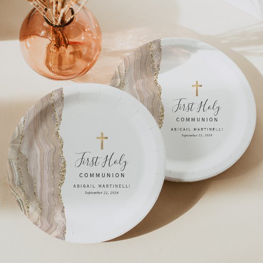 Ivory Agate Gold Glitzer Erste Heilige Kommune Pappteller