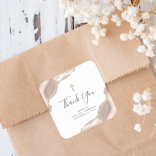 Ivory Agate Gold Glitzer Erste Heilige Kommune Quadratischer Aufkleber