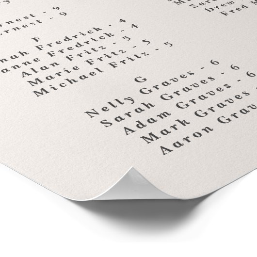 Ivory Alphabetical Wedding Seating Chart Poster (Ecke)