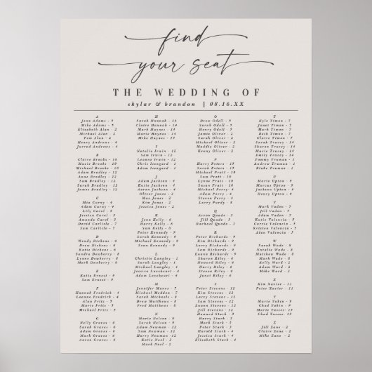 Ivory Alphabetical Wedding Seating Chart Poster (Vorne)