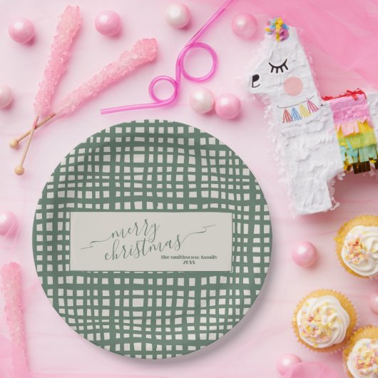 Ivory and sage green checkered Christmas Pappteller (Party)