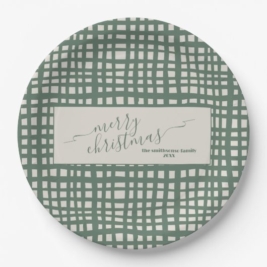 Ivory and sage green checkered Christmas Pappteller (Vorderseite)