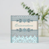 Ivory Aquamarin Blue Quinceanera Einladung (Stehend Vorderseite)