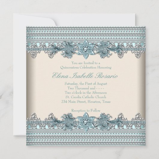 Ivory Aquamarin Blue Quinceanera Einladung (Rückseite)