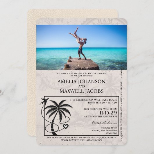 Ivory Bahamas Passport Hochzeit Einladung (Vorne/Hinten)