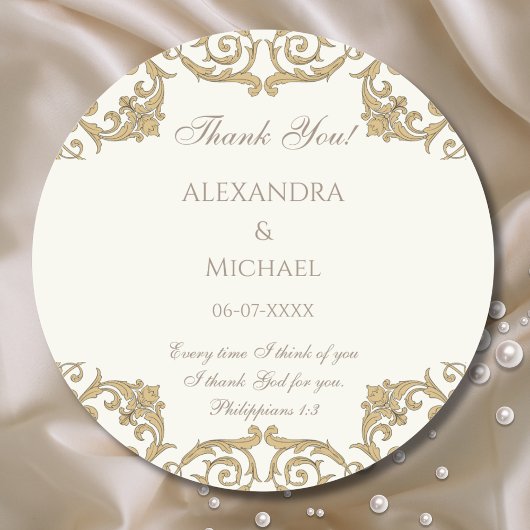 Ivory Baroque Christian Wedding Thank You Runder Aufkleber