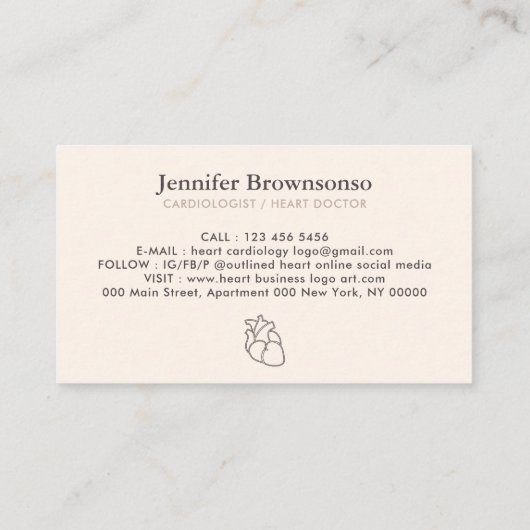 Ivory Beige Blush Cardiologin Doctor Heart Visitenkarte (Rückseite)
