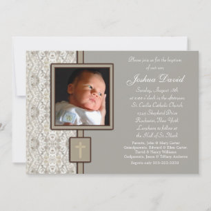 Ivory Beige Boy Foto Christening Einladung