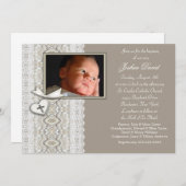Ivory Beige Boy Photo Christening Einladung (Vorne/Hinten)