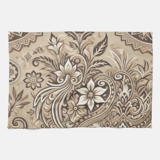 Ivory Beige Indonesian Batik Floral Boho Rustic Geschirrtuch (Horizontal)