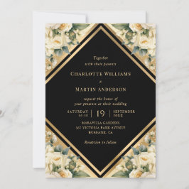 Ivory Black Gold Geometric Floral Wedding Einladung