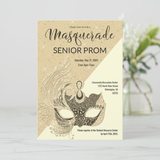 Ivory Black Gold Sparkle Glitzer Masquerade Prom Einladung (Stehend Vorderseite)