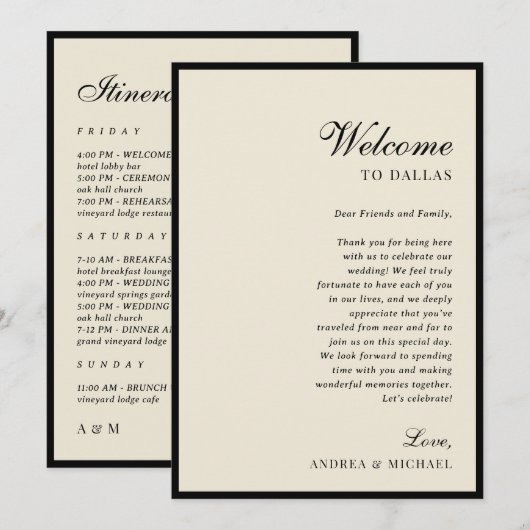 Ivory & Black Old Money Wedding Itinerary Card Einladung (Vorne/Hinten)