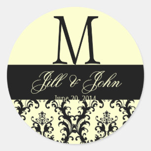 Ivory Black Wedding Monogram Rett Date Damask Sieg Runder Aufkleber