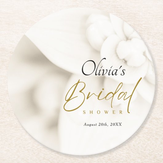 Ivory Bloom & Elegantes Gold Script Brautparty Runder Pappuntersetzer (Vorderseite)
