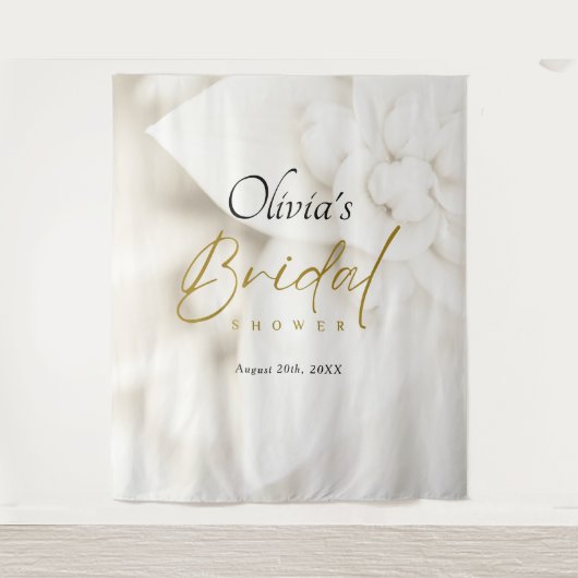 Ivory Bloom & Elegantes Gold Script Brautparty Wandteppich (Vorderseite)