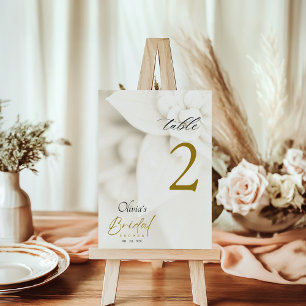 Ivory Bloom & Gold Script Brautparty Tischnummer