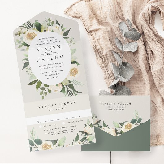 Ivory Bloom | Hochzeitskalibrierung von Aquarellbi All In One Einladung