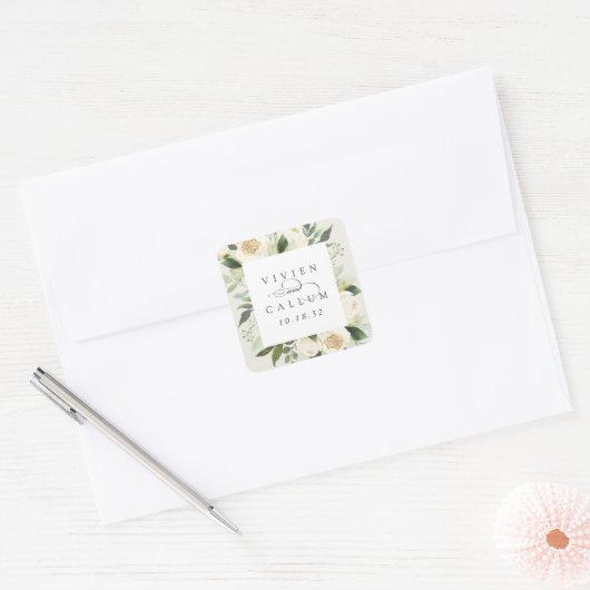 Ivory Bloom | Personalisierte Blumenzarge Quadratischer Aufkleber (Umschlag)
