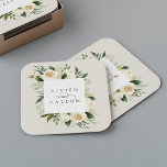 Ivory Bloom | Personalisierte Blumenzarge Rechteckiger Pappuntersetzer<br><div class="desc">Unsere Hochzeitskollektion Ivory Bloom Aquarell mit zartem Aquarell,  Eukalyptusblättern,  grünem botanischem Blattwerk und Blume mit weißer und elfenbeiniger Tortur. Personalisieren Sie diese benutzerdefinierten Untersetzer mit Ihren Namen,  verbunden mit einem dekorativen Skriptakzent.</div>