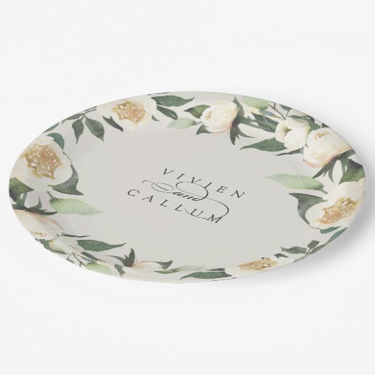 Ivory Bloom | Personalisierte Blumenzeremonie Pappteller (Schrägansicht)