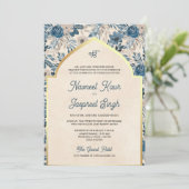 Ivory Blue Floral Foto Anand Karaj Sikh Wedding Einladung (Stehend Vorderseite)
