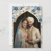 Ivory Blue Floral Foto Anand Karaj Sikh Wedding Einladung (Rückseite)