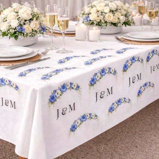 Ivory Blue Floral Wedding Monogram Bride Groom Stoff