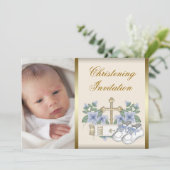 Ivory Blue Gold Baby Boy Foto Einladung (Stehend Vorderseite)