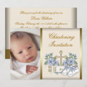 Ivory Blue Gold Baby Boy Foto Einladung (Vorne/Hinten)